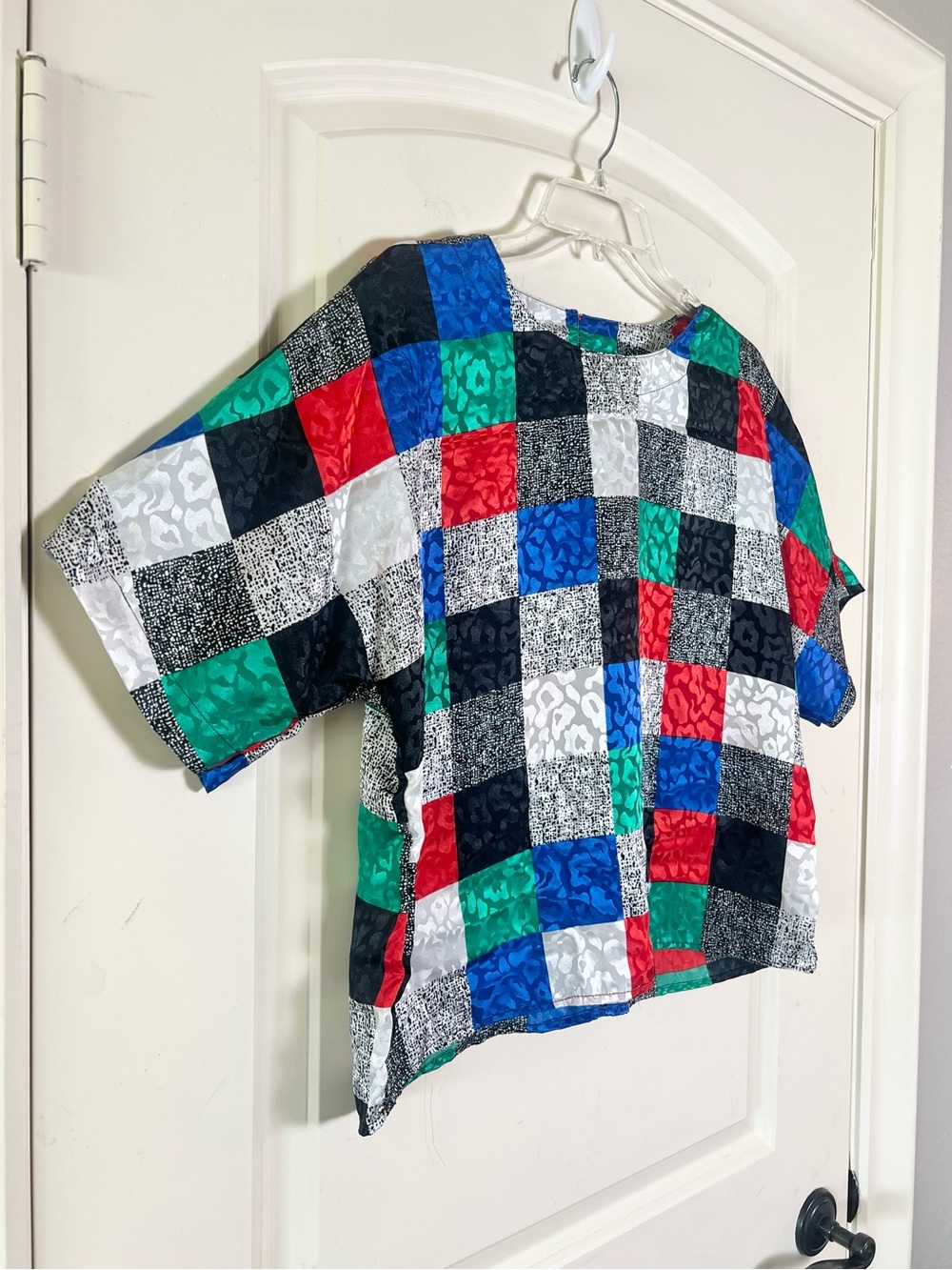 Vintage Nicola Checkered Patchwork Blouse Large Leopard Print Geometric Top